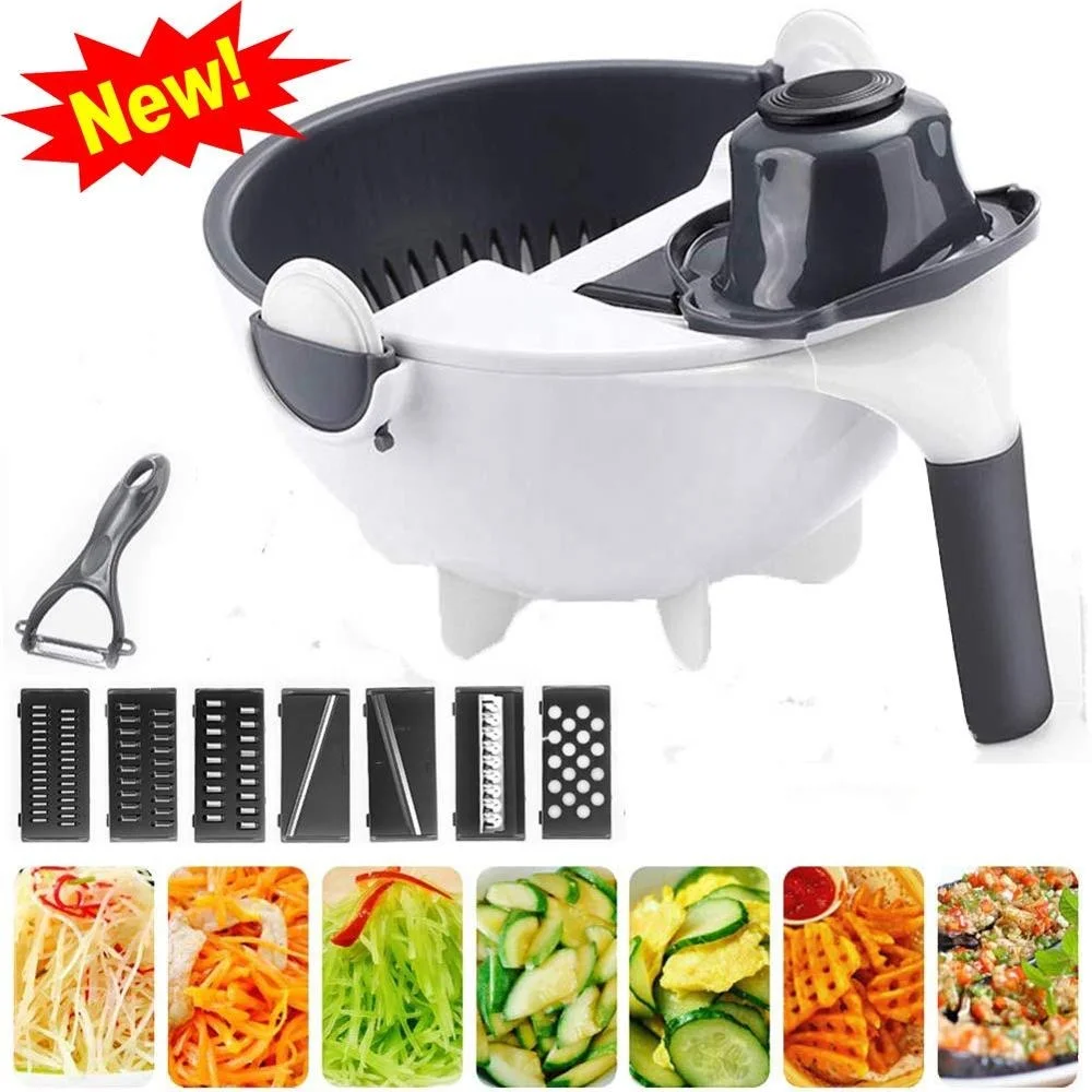 Best New 9 in 1 Multifunction Magic Rotate Vegetable Cutter with Drain Basket