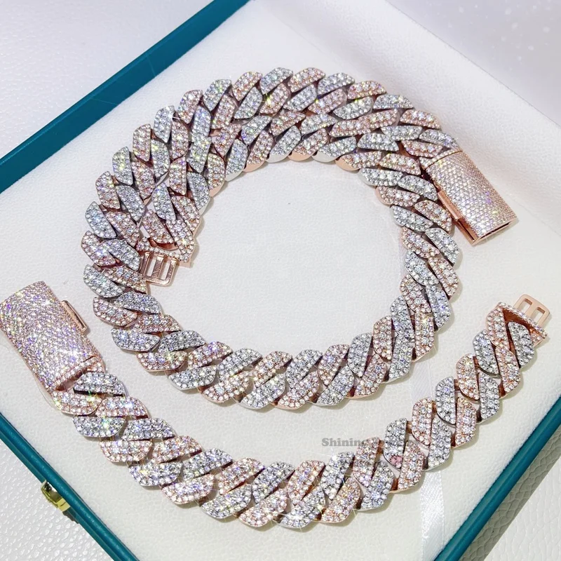 Guangzhou Shining Jewelry 18MM Iced Out Rose Gold Mix White Gold Color Sterling Silver 925 Men VVS Moissanite Cuban Bracelet