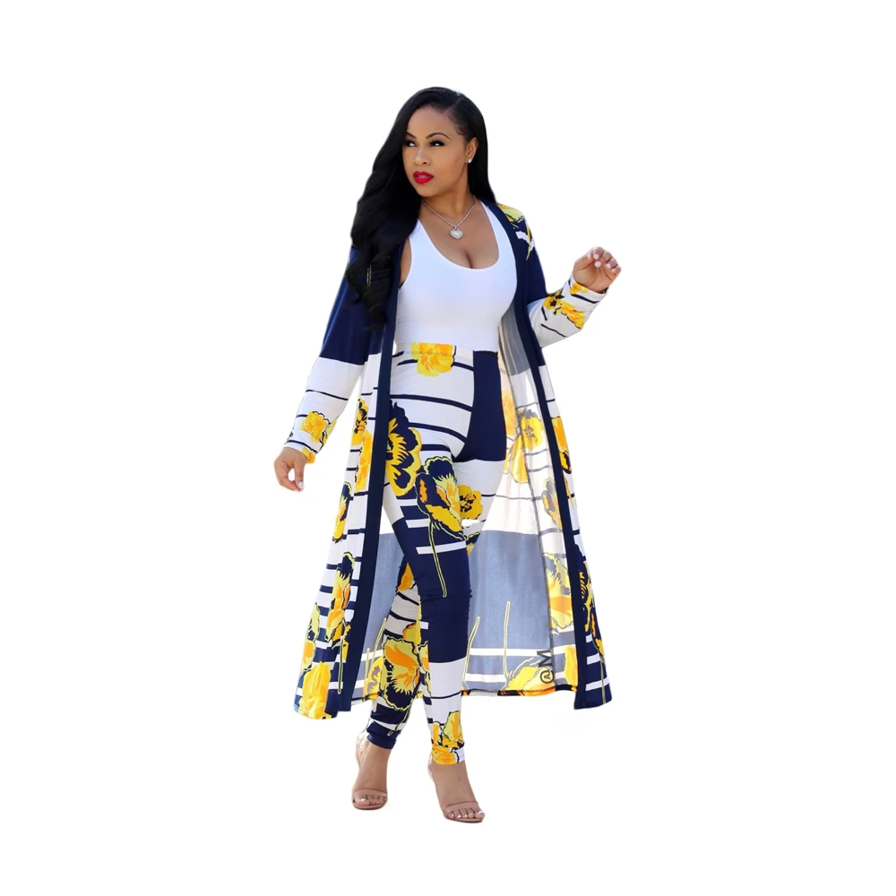 Sdress print trendy long coat and pencil pants women casual suit ladies 2 piece set