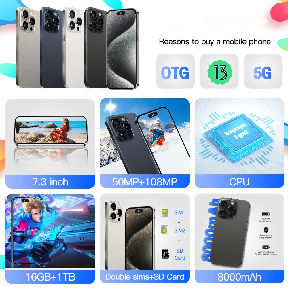 5g Dual Sim Card I 15 Phone 15 Pro Max 5g Smartphones Smart Phone AMOLED Vivo T3x 5g Phone 1511 Box Speaker Global Version 65W