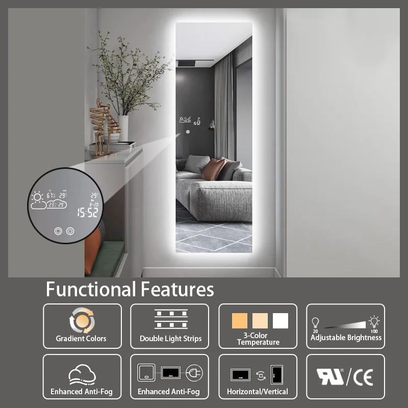 Smart Rectangle Full Length Led Mirror Heating Panel With Light And Weather Display