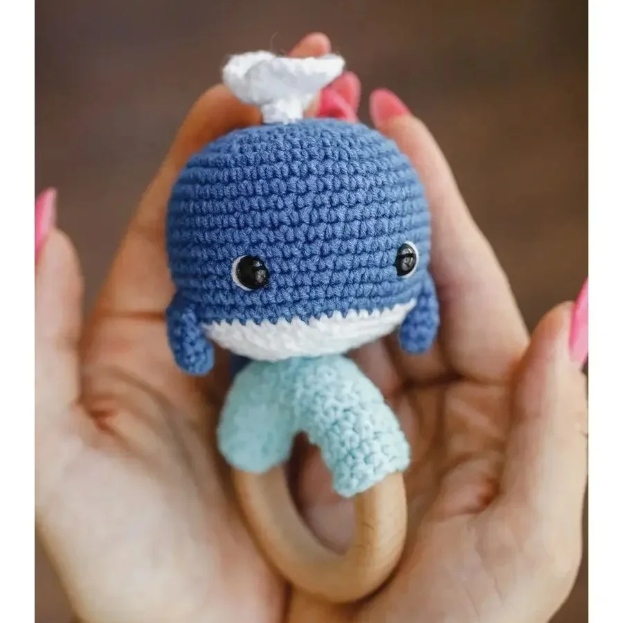 Customization Handmade Blue Whale Baby Rattle Shower Gift Crochet Toy Wood Teething For Newborn hakel rassel
