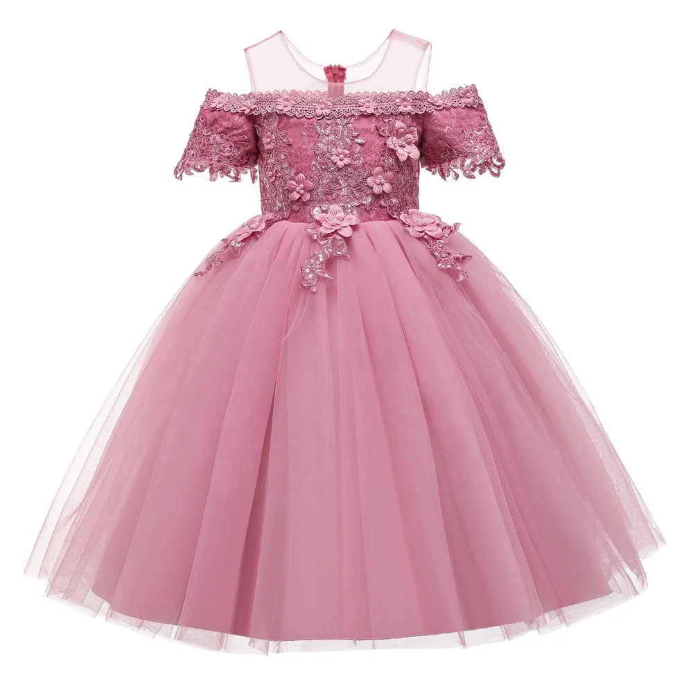 Новинка 2173, детское платье принцессы, кружевное длинное платье на одно плечо, детское свадебное платье с цветами, кружевное