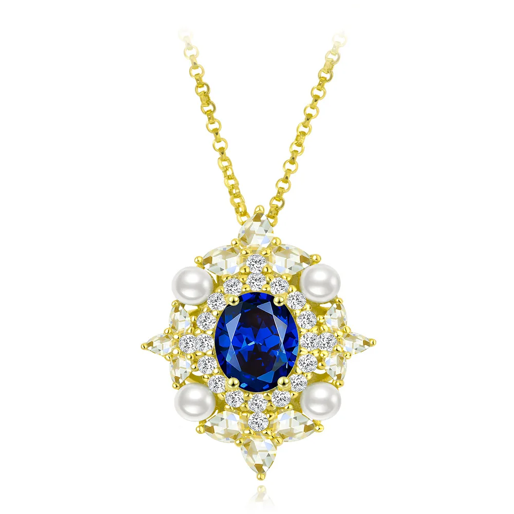 Egg shaped 7 * 9 Blue Corundum 2 Carat Medieval Vintage Palace Plating Light Luxury Necklace Exquisite Jewelry Lady
