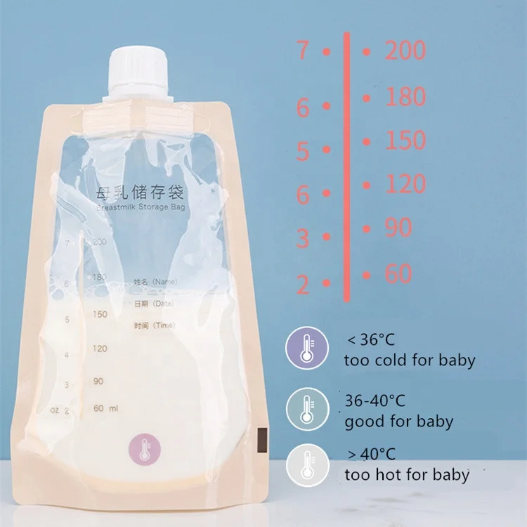 custom packaging directly connected to breast pump BPA free biodegradable stand up pouch temp sensing breast milk storage bag wi