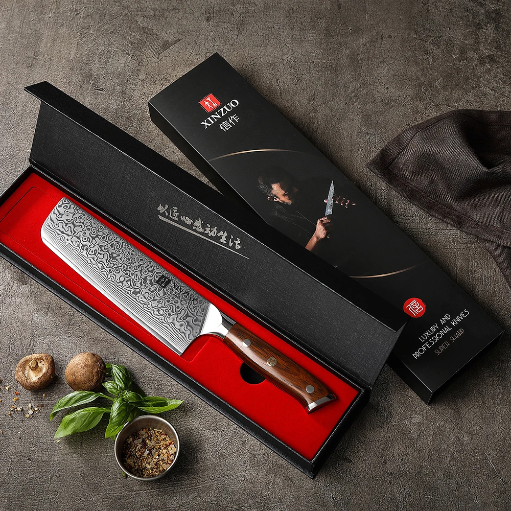XINZUO New 7 inch 67 Layers Damascus Steel Rosewood Handle Sharp Japanese Kitchen Vegetable Nakiri Knife with Wooden Sheath