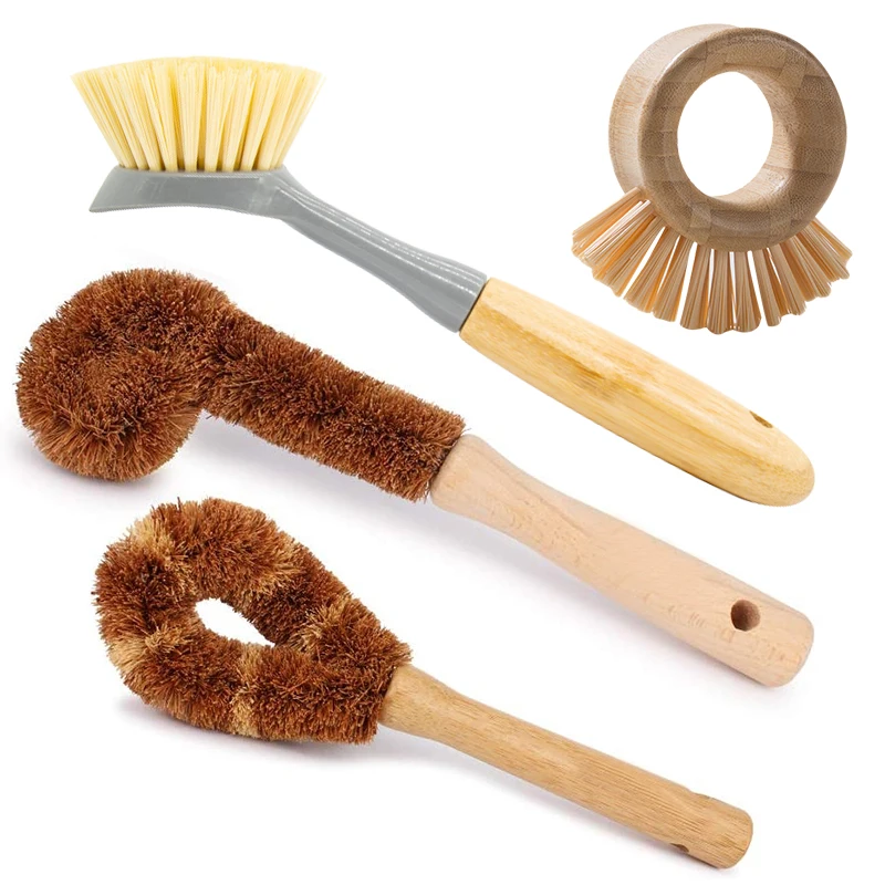 Hot Natural Coconut Palm Artifact Wash Household Non-Stick Oil Kitchen Pot Coconut Fiber Cleaning Brush with Wooden Long Handle