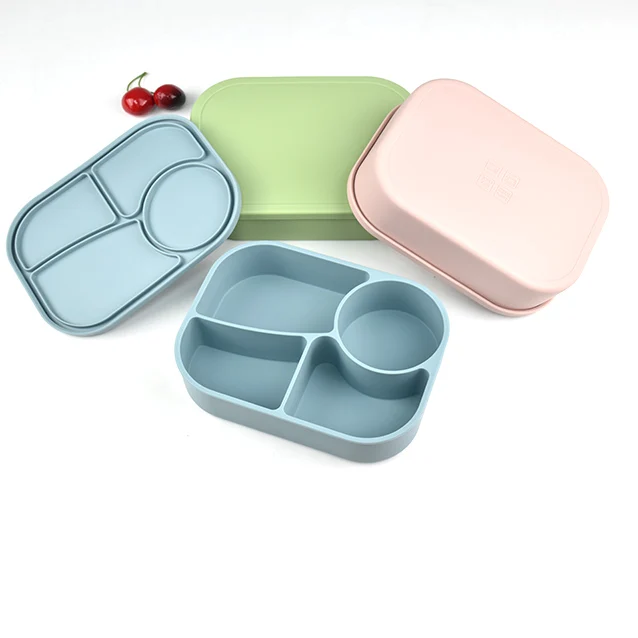 Durable LeakProof Silicone Bento Lunch Boxset 4 Compartment Food Grade Bento Box for Children Microwavable & Heatable