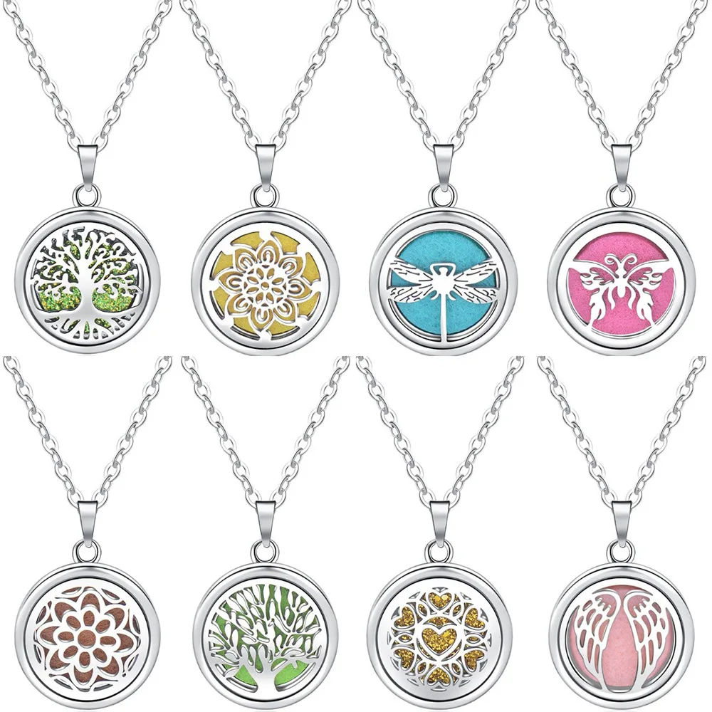 Can Open A Round Hollow Perfume Box Necklace Life Tree Alloy+Stainless Steel Aromatherapy Essential Oil Diffuser Pendant