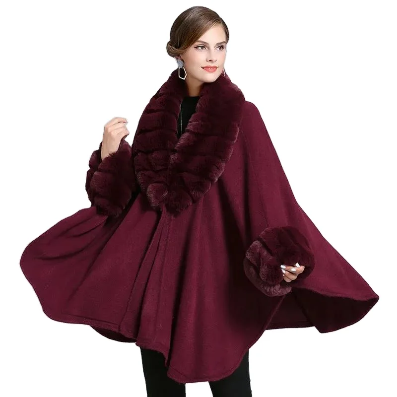 Winter Cloak Warm New Women Cardigan Overcoat Big Imitation Striped Fox Fur Collar Cape Fashion Solid Poncho With Long Sleeves