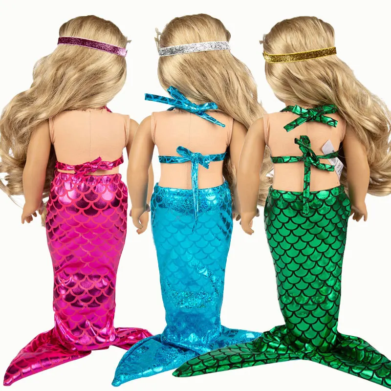 Hot Selling Fashion Sequined Mermaid Swimsuit Crown Bikini 18 In American Reborn Baby Dolls Clothes Miniature Doll Accessories