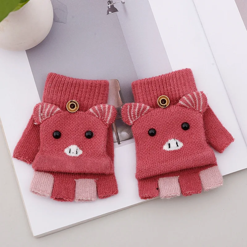 Winter Cute Cartoon Children Fingerless Glove with Mitten Cover Knit Warm Student Text Convertible Flip Top Half Finger Gloves