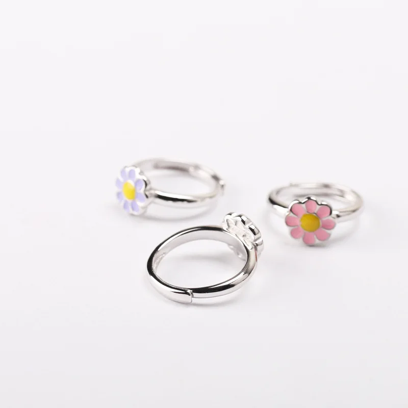 Custom Colorful Enamel Flower Children Adjustable Rings Jewelry Cheap Mini 925 Sterling Silver Jewelry for Kids Gift