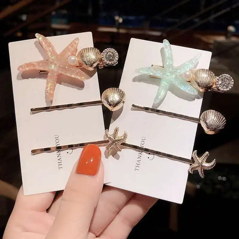 3pcs/set Metal Pearl Hair Clips Sea Star Shell Hairpins Sweet Beach Girls Hair Accessories Women