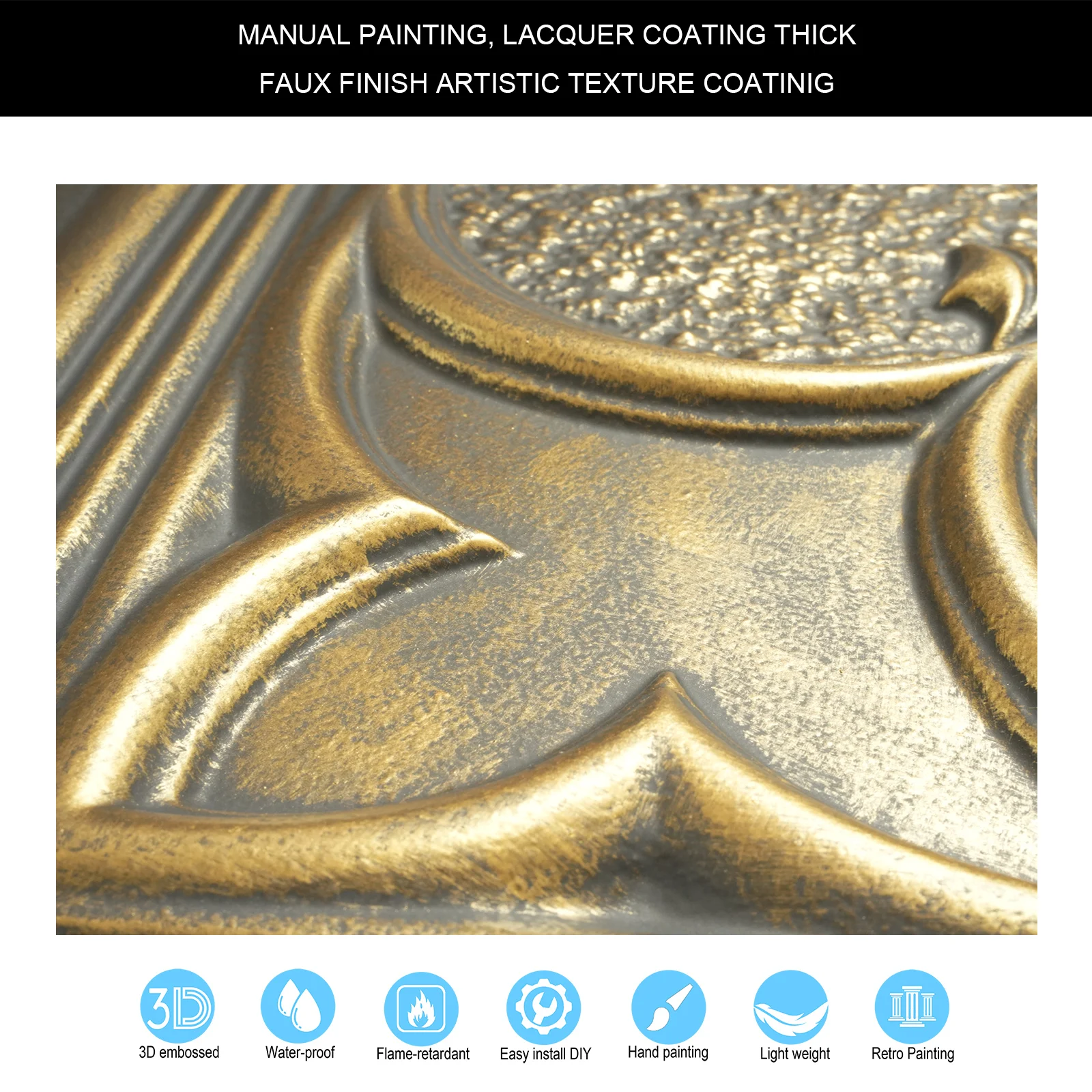 Faux finished crevices artistic ceiling tiles 3D embossed wall board Easy to Install PVC Panels for Saloon PL35 ancient gold