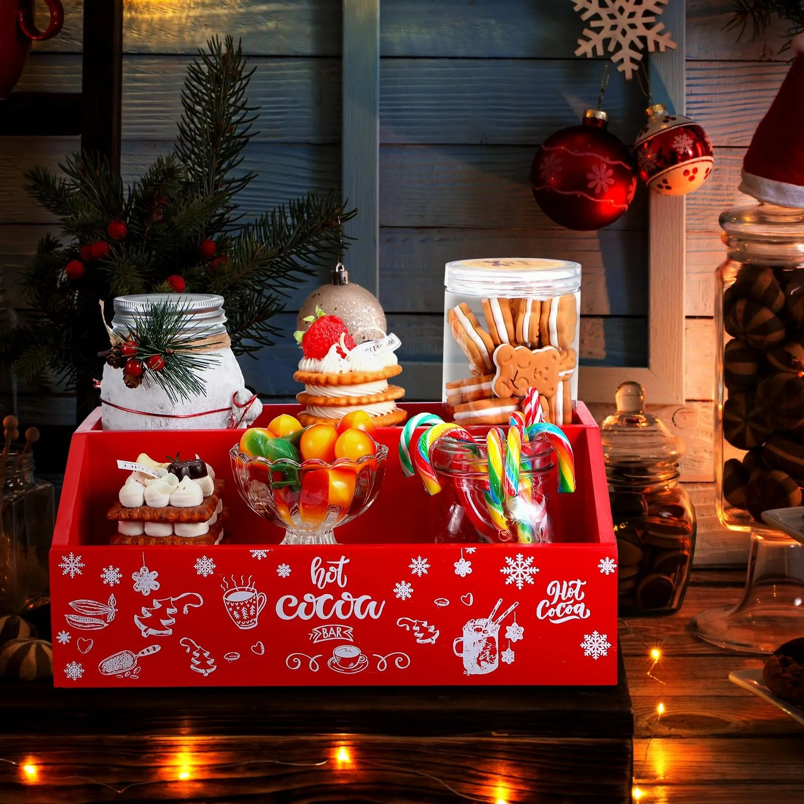 Christmas Hot Cocoa Bar Wood Storage Box Red Hot Chocolate Decorative Box Double Layer Cute Wooden Storage Bins For Home Kitchen