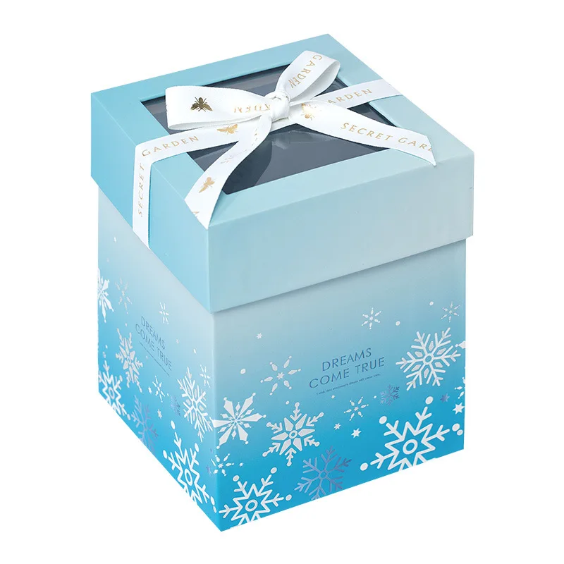 China manufacture transparent window lid shining blue card board clear storage packing box with ribbon for gift