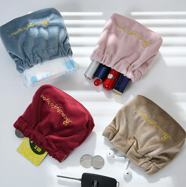 DICHOS Makeup Bag Retro Velvet Large-Capacity  Portable Cylindrical Red Envelope with Zipper Closure Makeup Storage Refill Bag