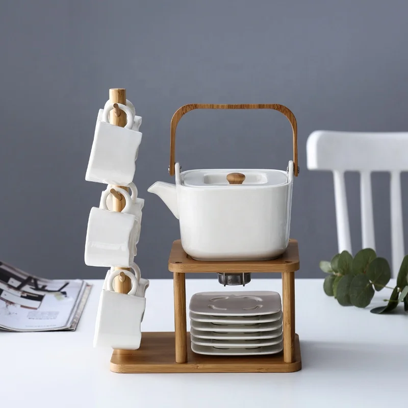 Фарфоровый чайный сервиз Подарочный кофейный с деревянным держателем китайский и 6 чашек блюдцем