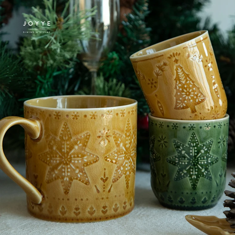 JOYYE Nordic vintage christmas style ceramic coffee mug cup set custom ceramic stoneware embossed coffe tea mugs