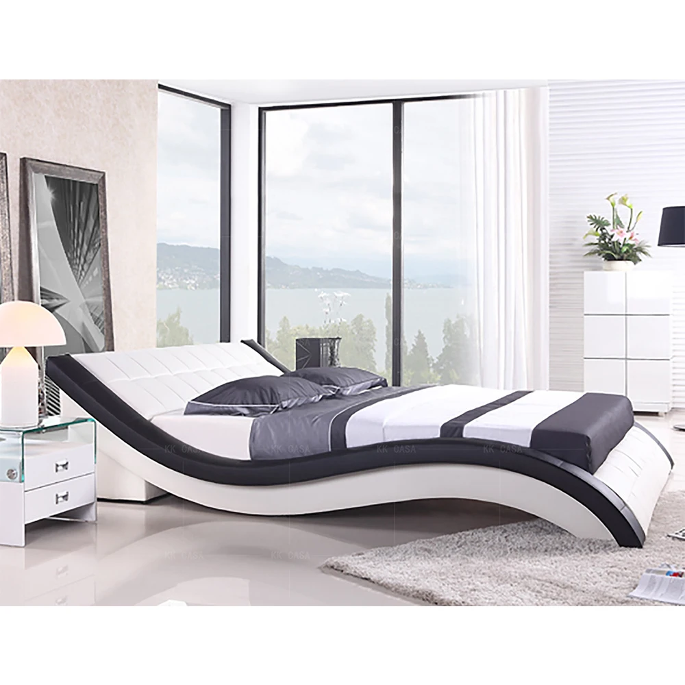 Competitive Price morden queen size Genuine leather wave shape double bed for bedroom furniture