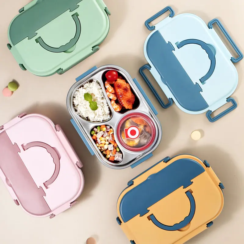 Amazon Kids School Compartment Lunch Box Set Heating Thermal Stainless Steel 2/3/4 Grid with Cutlery for Kids Food Container