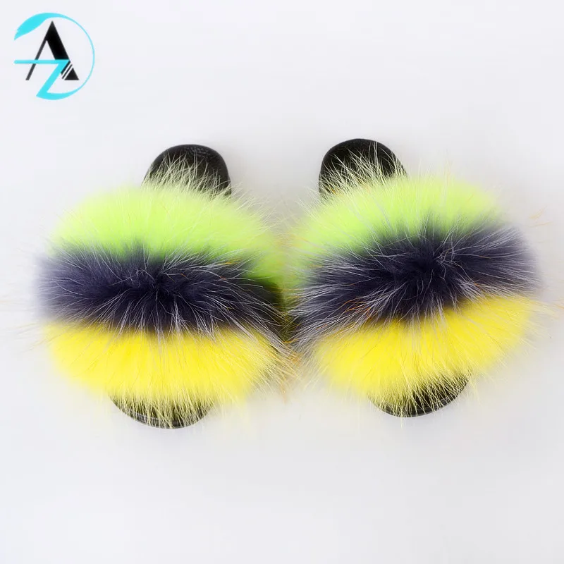 
Best Selling Comfort Fluffy Full Coverage Bedroom Fur Raccoon Slippers Soft Real Fox Fur Furry Slides For Women 