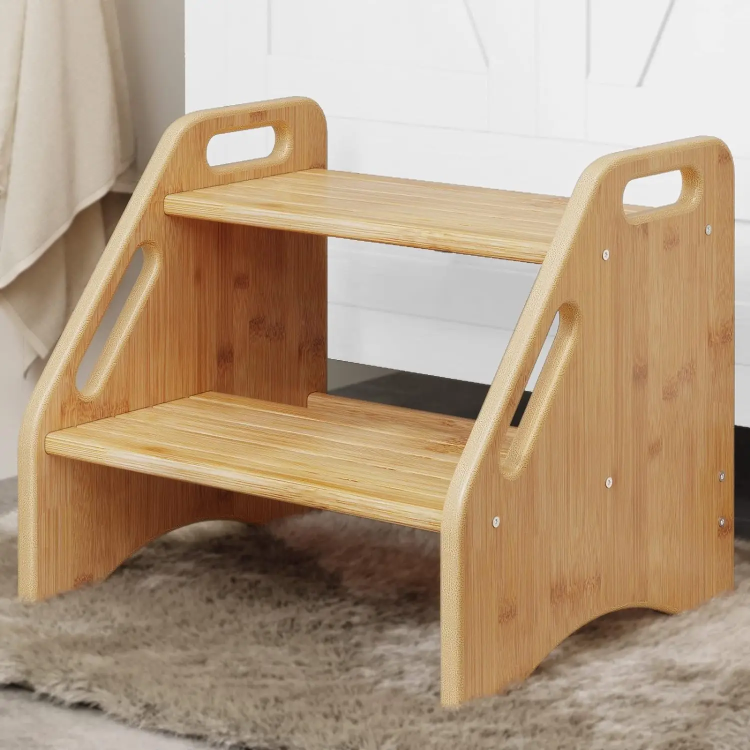 Reinforced Bamboo Step Stool with Removable Cover Non-Slip Mat Handle for Children Adults for Outdoor Bedroom School Use