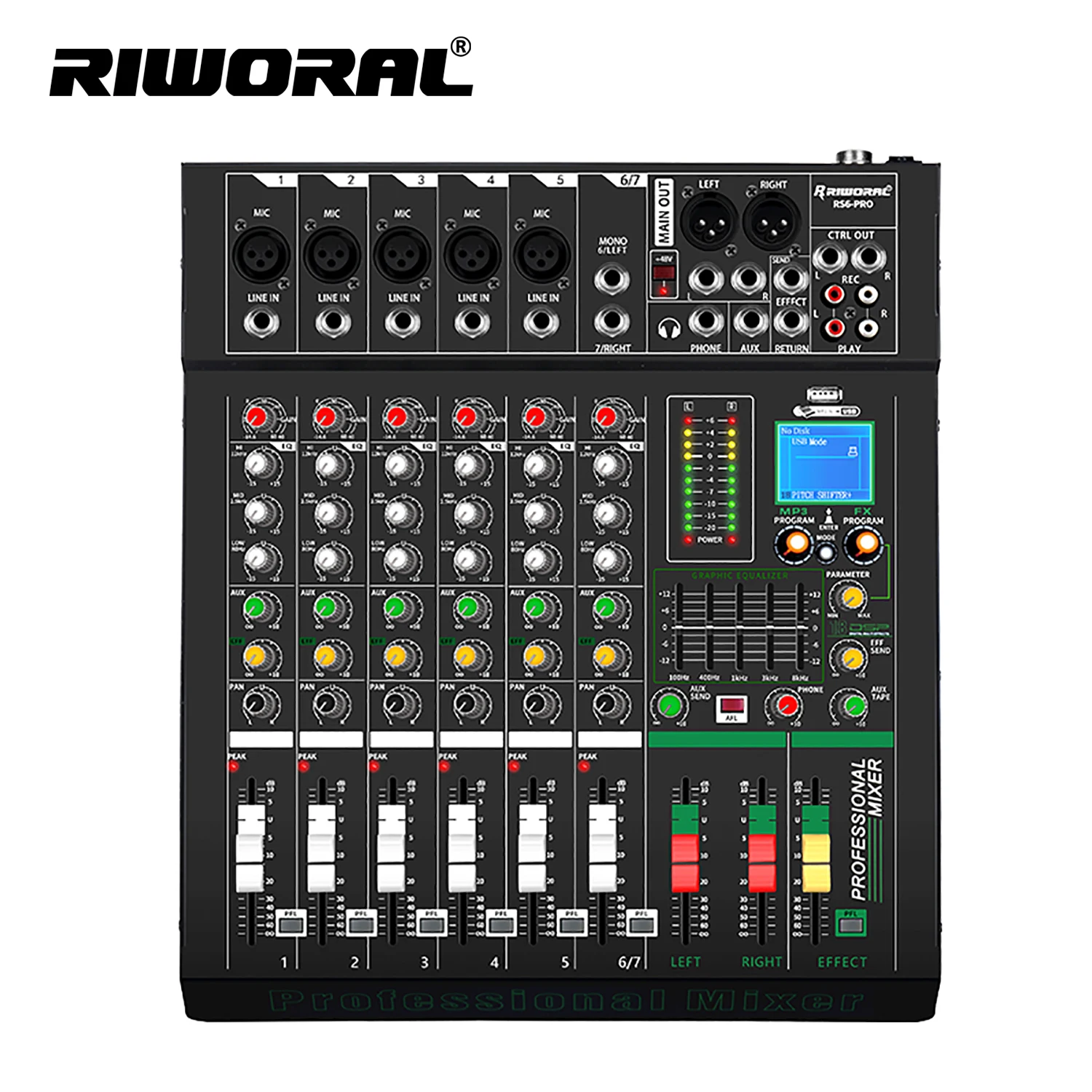 RS6-PRO Professional 6 Channel Mixer Audio Mixing Console Broadcast DJ Sound System USB Interface
