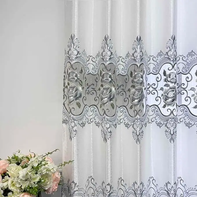Luxury Embroidered Grommet Curtains European Floral Semi Blackout for Living Room Bedroom Thermal Insulated Window