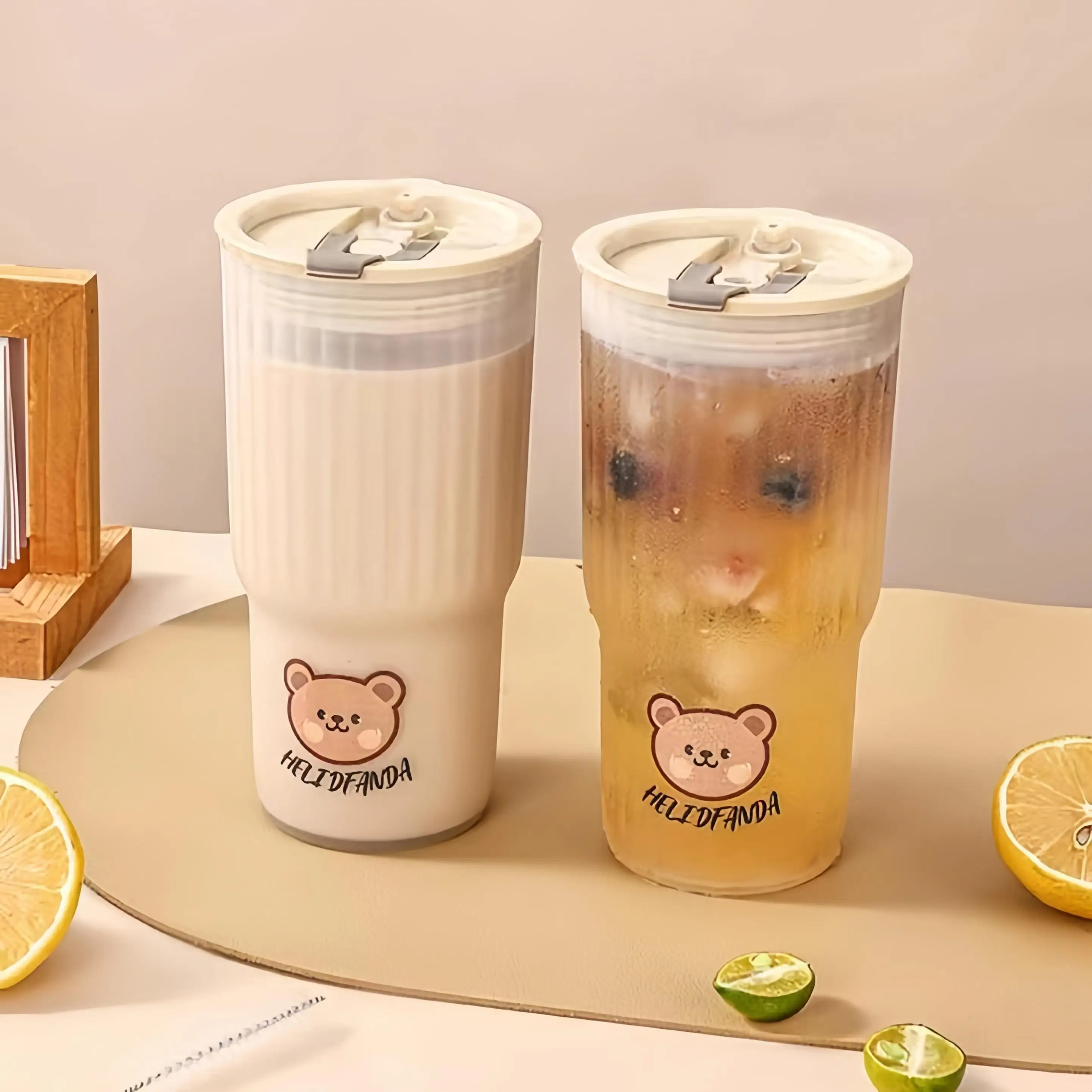 650ml Plastic Iced Coffee Mug Cute Bear Plastic Mug with Lid and Straw plastic juice bottle