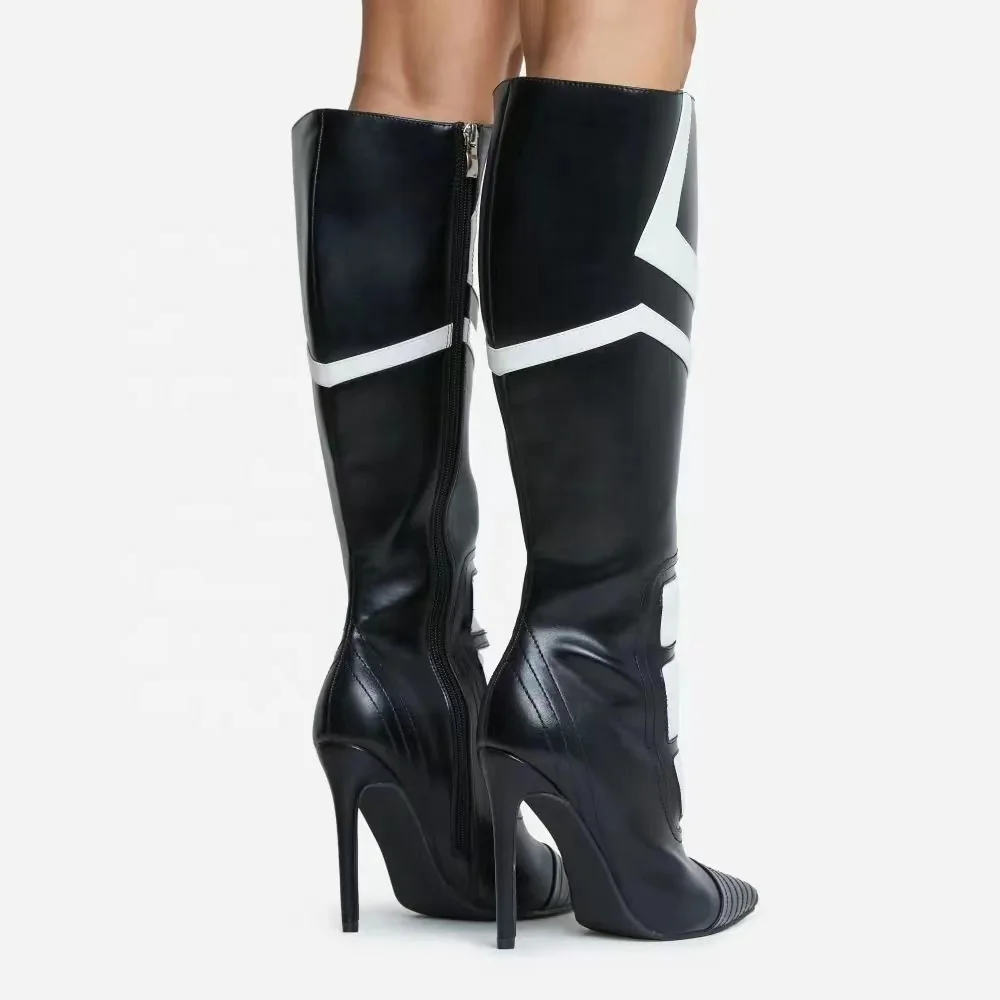 Wholesale custom womens boot Enmayer handmade pointy black white stripe stiletto heels knee boots hot sale winter ankle boots