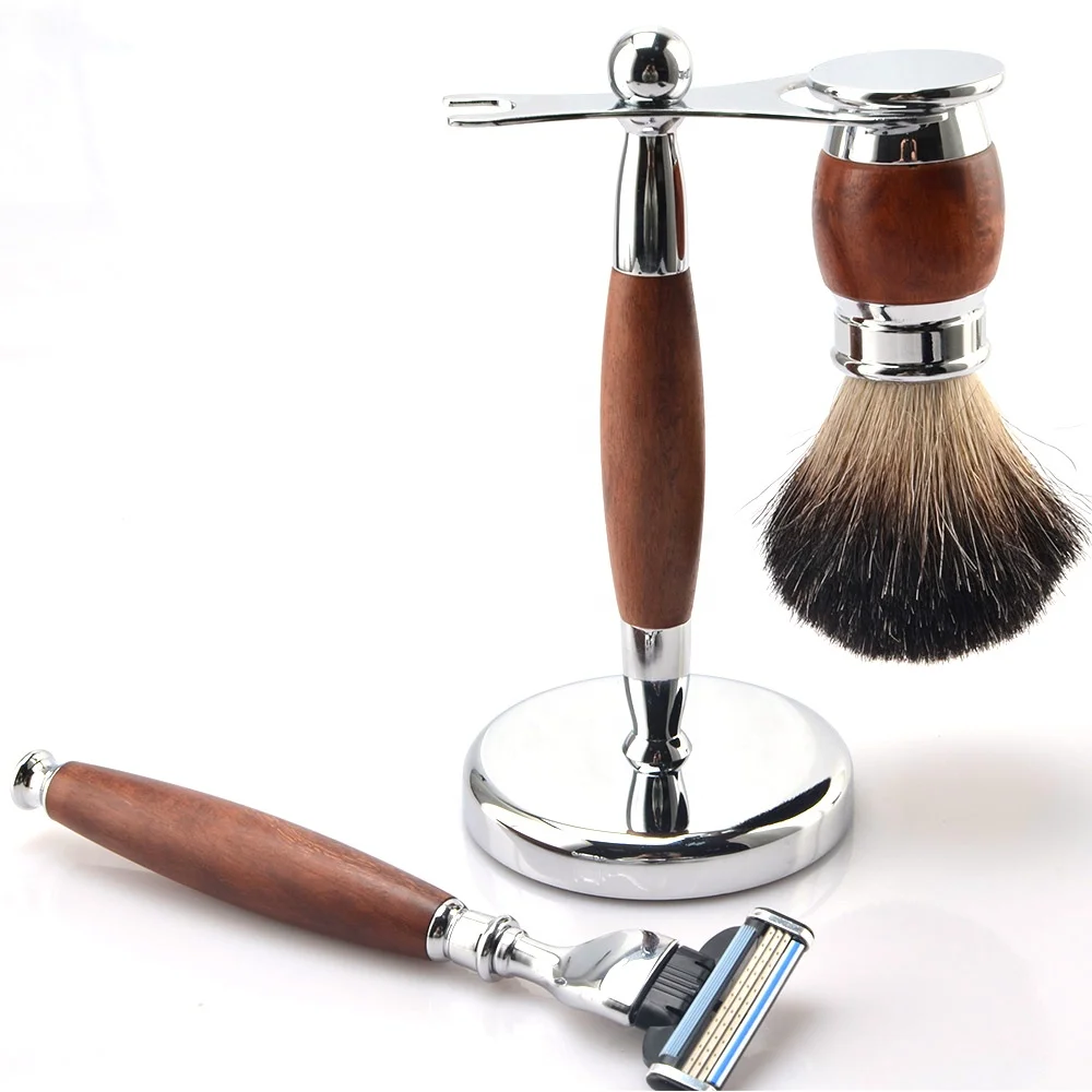 Kinghood Mens metal three blades wood handle gift shaving kit private label shaving safety razor and wood  brush set to gift