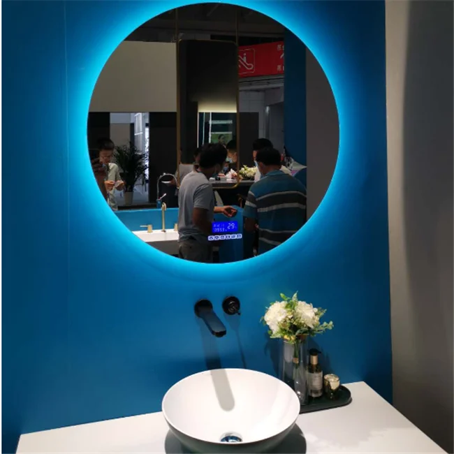 
Factory frameless toilet mirror with light large led circle mirror led light vanity mirror blue tooth speacker 