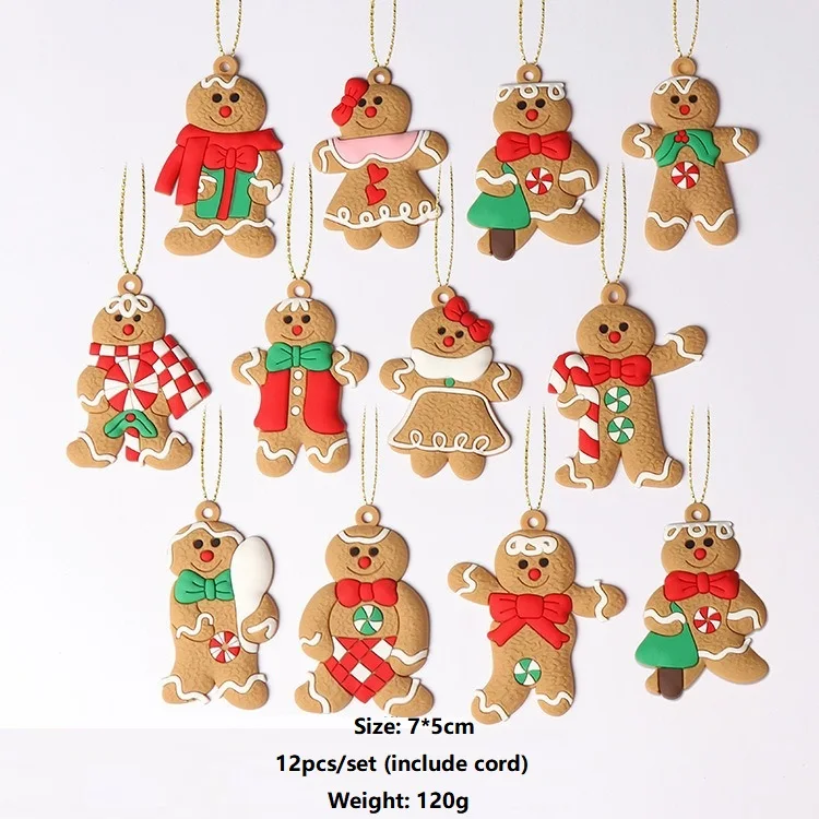 12pcs Gingerbread Man Ornaments for Christmas Tree Assorted Plastic Ginger bread Figurines Ornaments 7*5cm Xmas Hanging Gifts