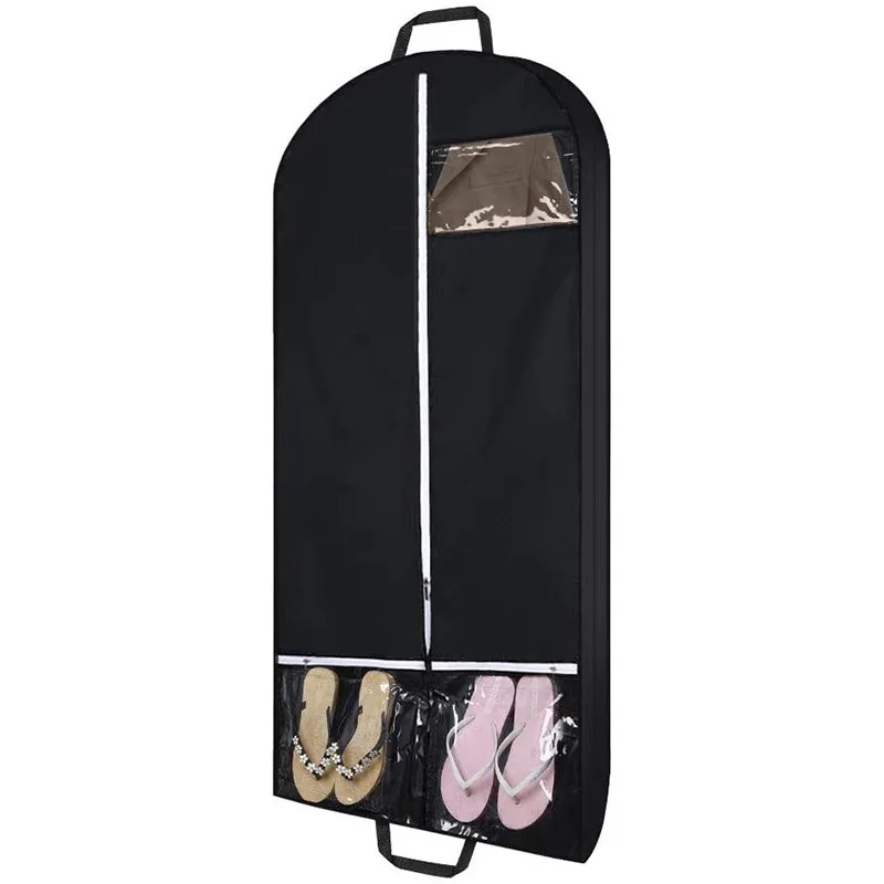 Black polyester clothing dustproof bag with multiple transparent pockets, clothing storage bag, and side suit cover