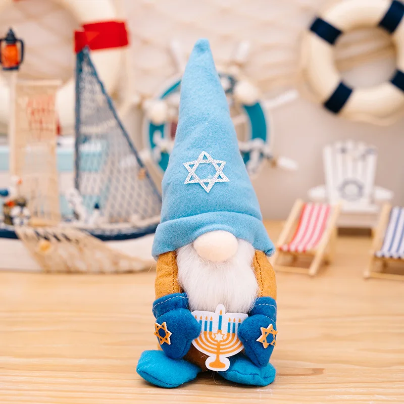 Hanukkah Decoration Ocean Blue Couple Dwarf Faceless Doll Holding Candlestick Chanukah Jewish Ornament Handmade Home Decoration