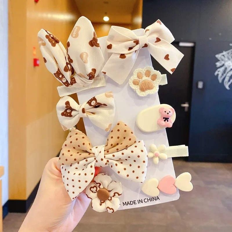 9 Pcs/Set Cartoon Brown Bear Girls Hair Accessories Set Children Kid Sweet Barrettes Fashion Headbands Hair Clips For Baby