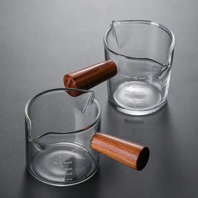 Heat-resistant glass measuring cup with wooden handle jigger for espresso coffee ounce cup 75ml Small milk cup