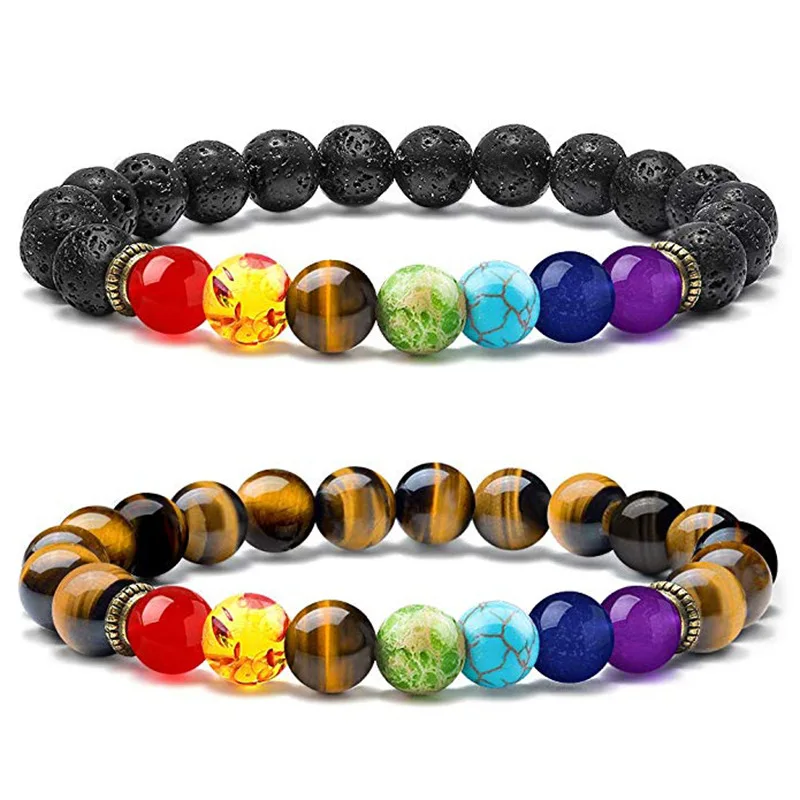Men Handmade Yoga Chakra Bracelet 8mm 7 Chakra Bead Natural Volcanic Stone Bracelet