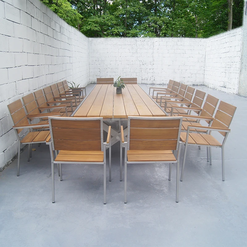 Modern luxury large size outdoor stainless steel teak table garden furniture set