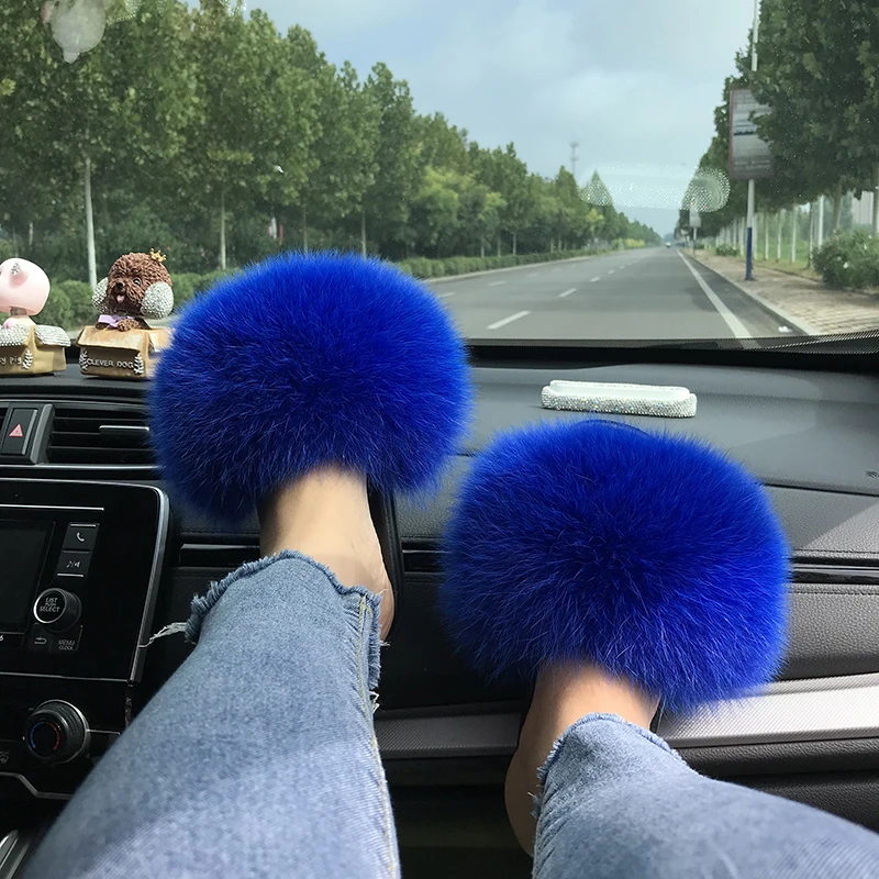 2022 Wholesale Design Fluffy Fox Fur Indoor Slippers Brown Raccoon Furry Real Fur Slides for Women with Logo