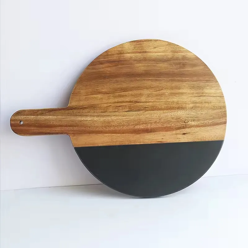 Round Cheese Serving Plate Marble Charcuterie Board Acacia Wood and Black Slate Cutting Board