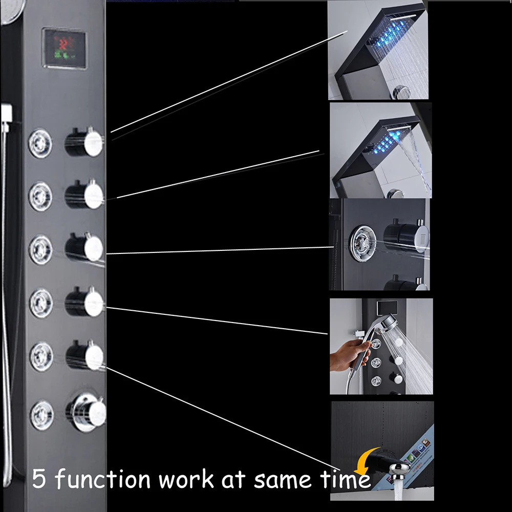 Newly Luxury Black/Brushed Bathroom Shower Faucet LED Shower Panel Column Bathtub Mixer Tap With Hand Shower Temperature Screen
