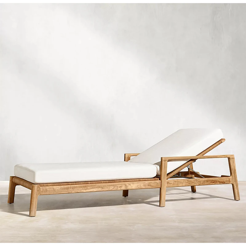 Contemporary teak outdoor furniture wooden sun loungers with water resistant cushion