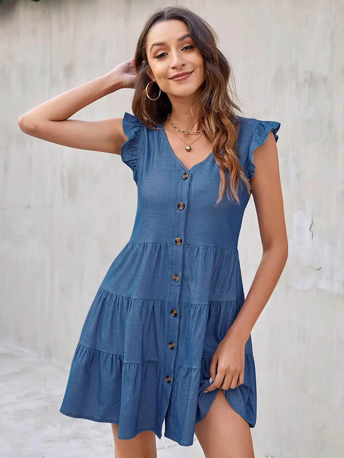 Женское джинсовое платье без рукавов повседневное винтажное короткое с V-образным вырезом расклешенными пуговицами