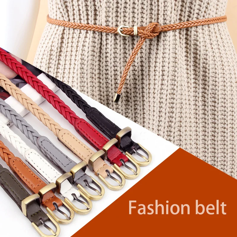 2022 Trend Women Handmade Candy Colors Ladies Belt Knit Weave Thin PU Faux Skinny Braided Leather Womans Belt for Casual Dress