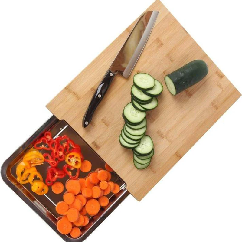 Eco Friendly Bamboo cutting board Top Seller stainless steel Chopping Board with drawers drip tray