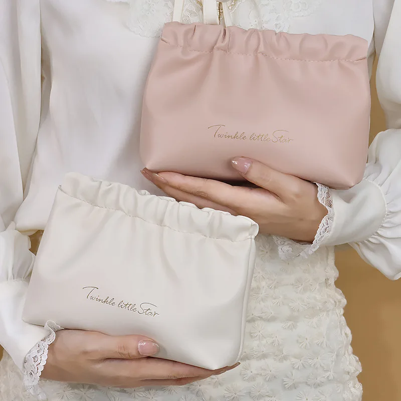 Customize LOGO Wrinkled Bag for Women Travel Kit Pouch Bag Pink Black Soft PU Plush Fabric Makeup Lipstick Cosmetic Storage Bag