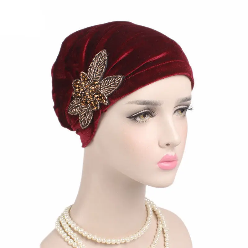 
Muslim Womens Velvet Hand Beaded Turban Cap India Chemo Wrap Headwear Beanie Hat 